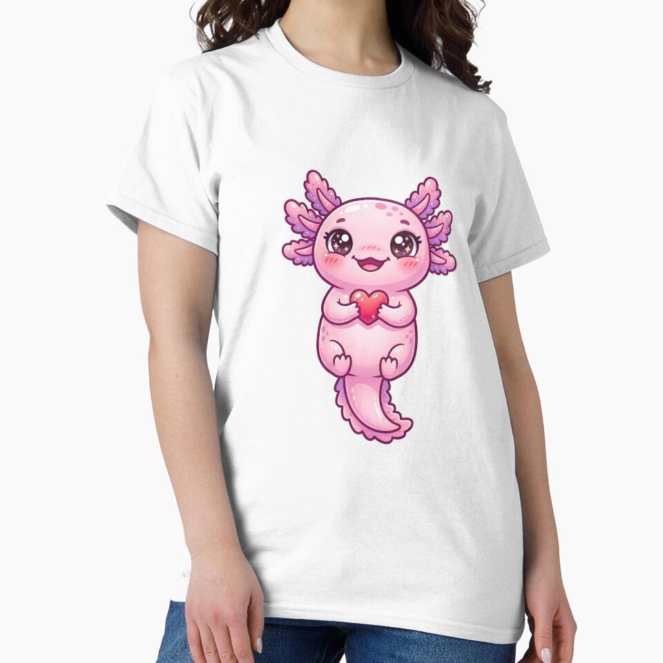 Cute Pink Axolotl Holding Heart Kawaii Cartoon Sticker by Infinite Art Lab