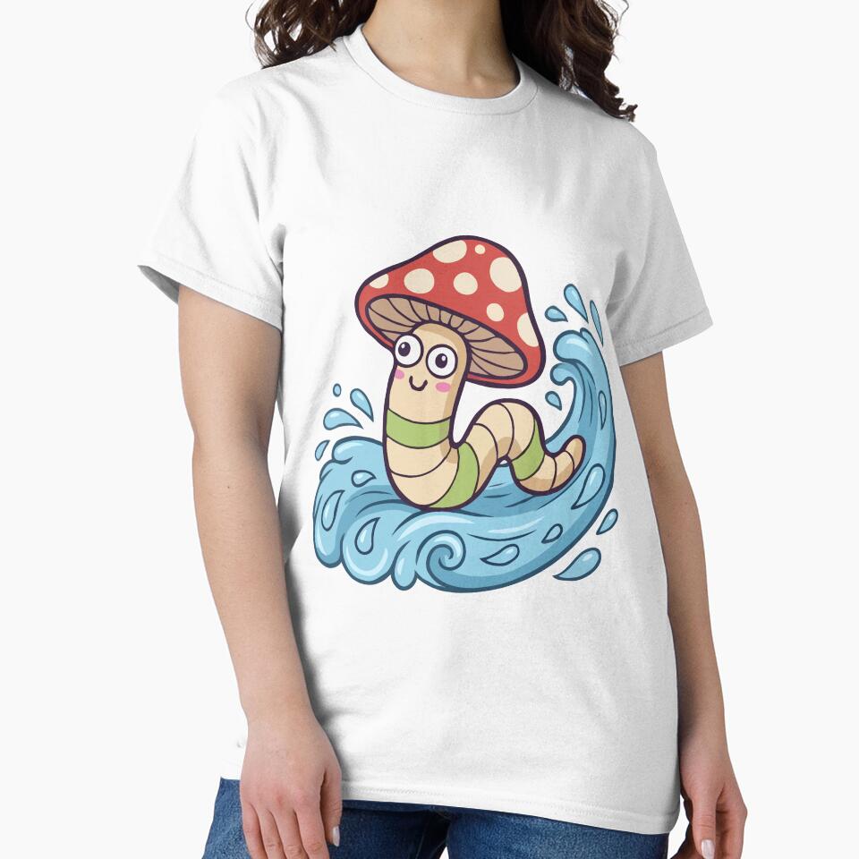 Surfing Kawaii Worm in Red Toadstool Hat by Emegan Print Art