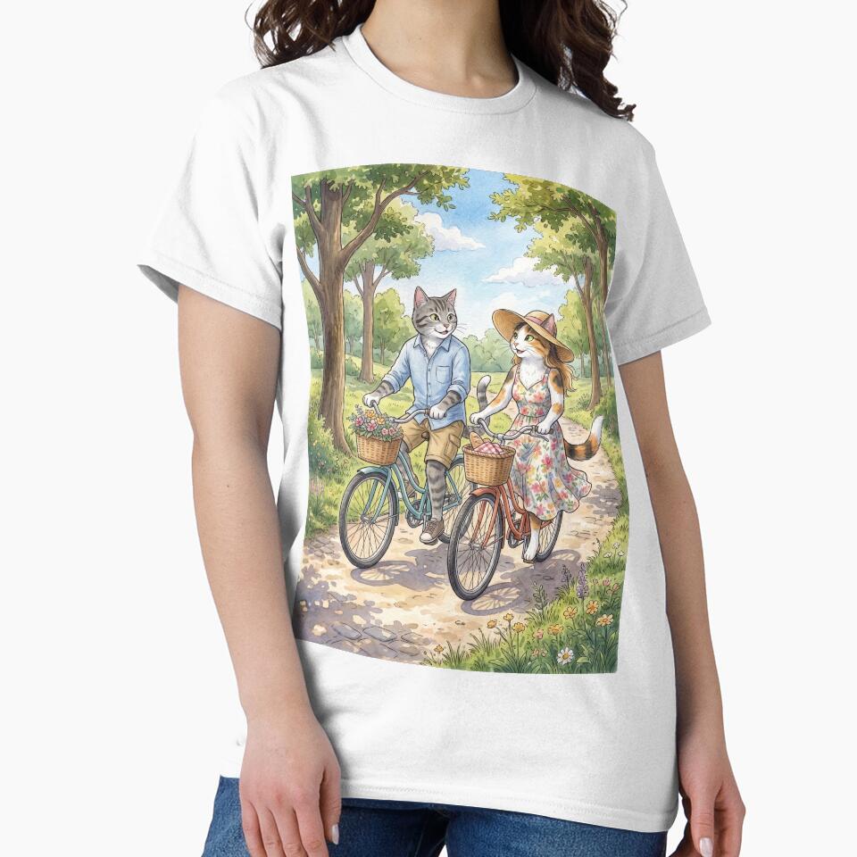 Romantic Cat Couple on a Bicycle in Watercolor Park by TheCoolCatsMx
