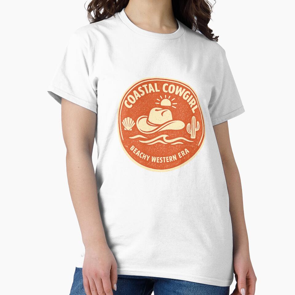 Coastal Cowgirl Beachy Western Era — Vintage Cowboy Hat Wave Seashell Cactus Badge Tee by VaultInk