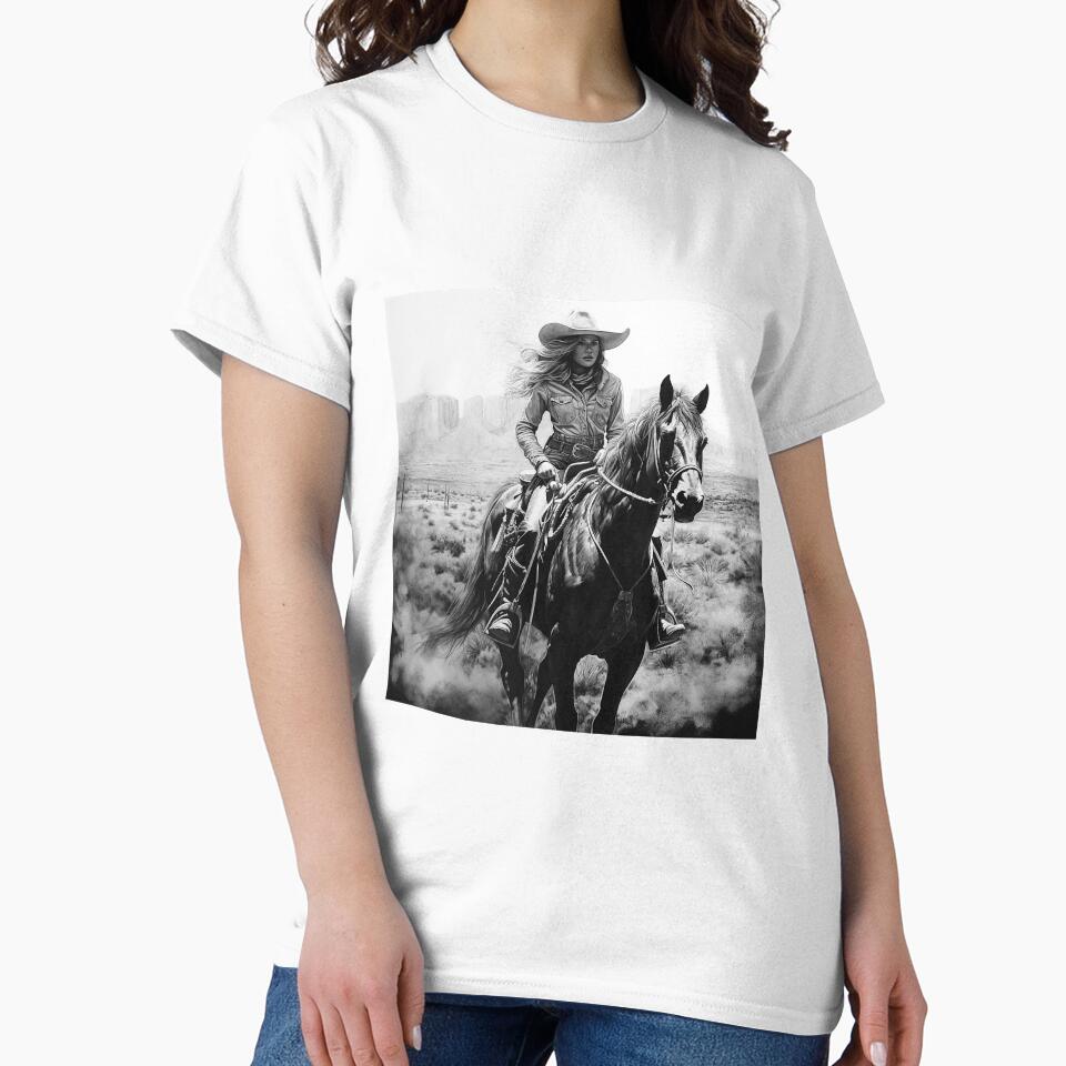 Western Cowgirl Riding Horse in Desert | Black and White Southwest Art by inkoutninja