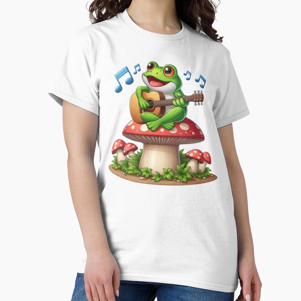 Frog Playing Guitar Sitting on Mushroom by Myra365Art