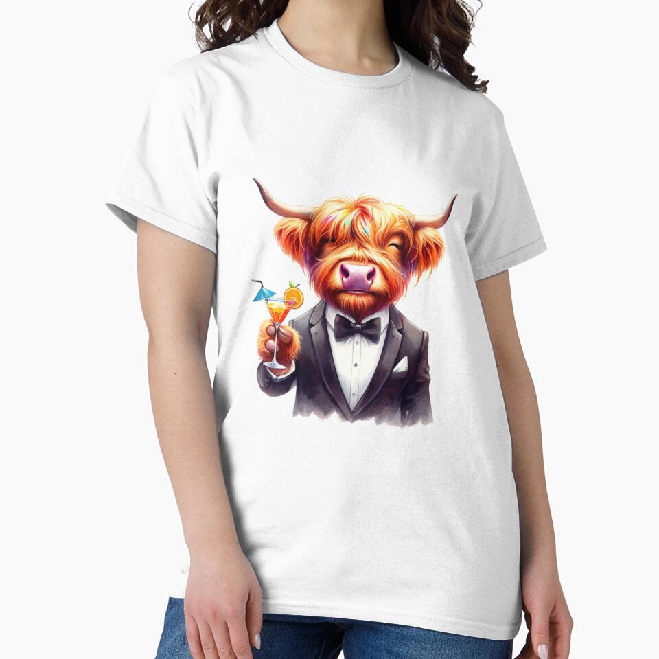 Scottish Highland Cow in Tuxedo Drinking a Cocktail Colorful Watercolor by MaedK