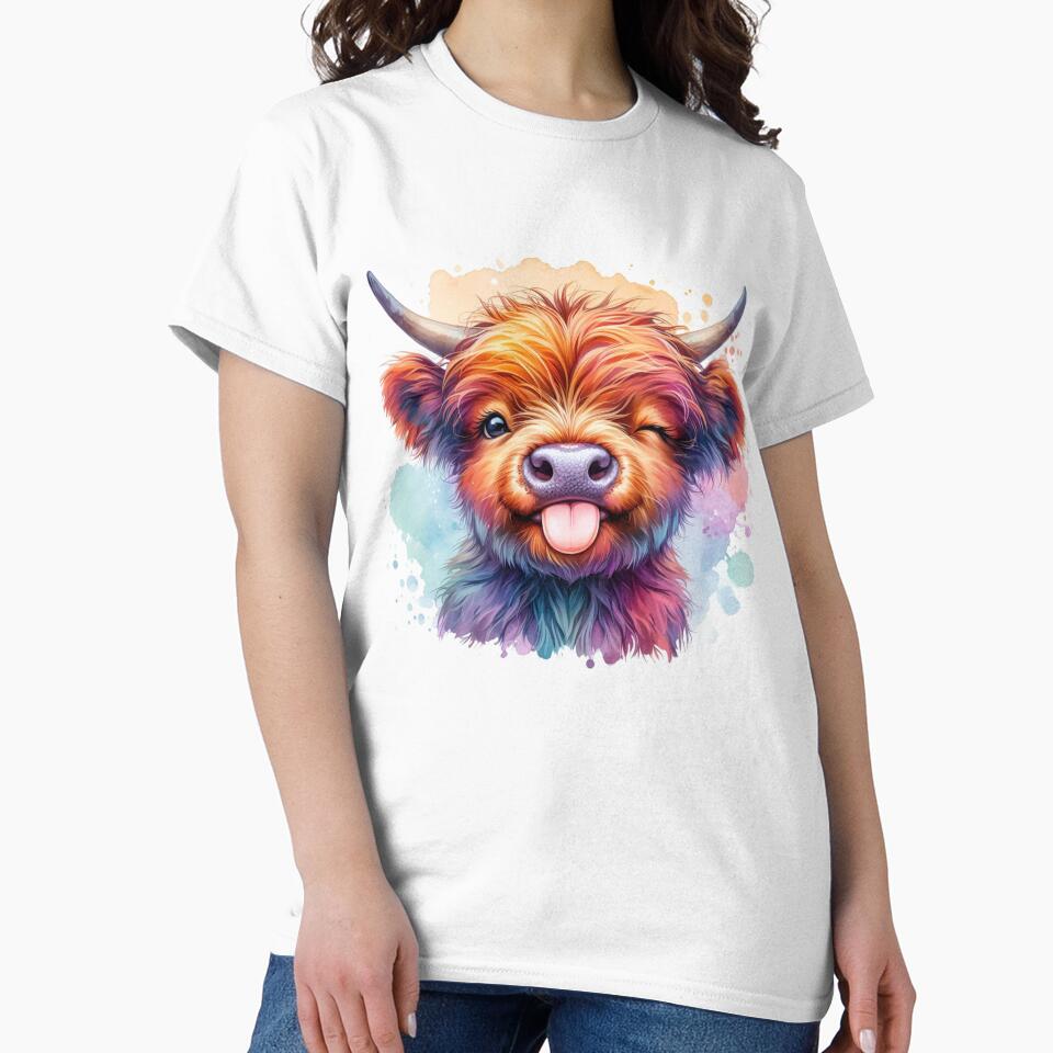 Cute Scottish Baby Highland Cow Calf Pulling Funny Faces Colorful Watercolor by MaedK