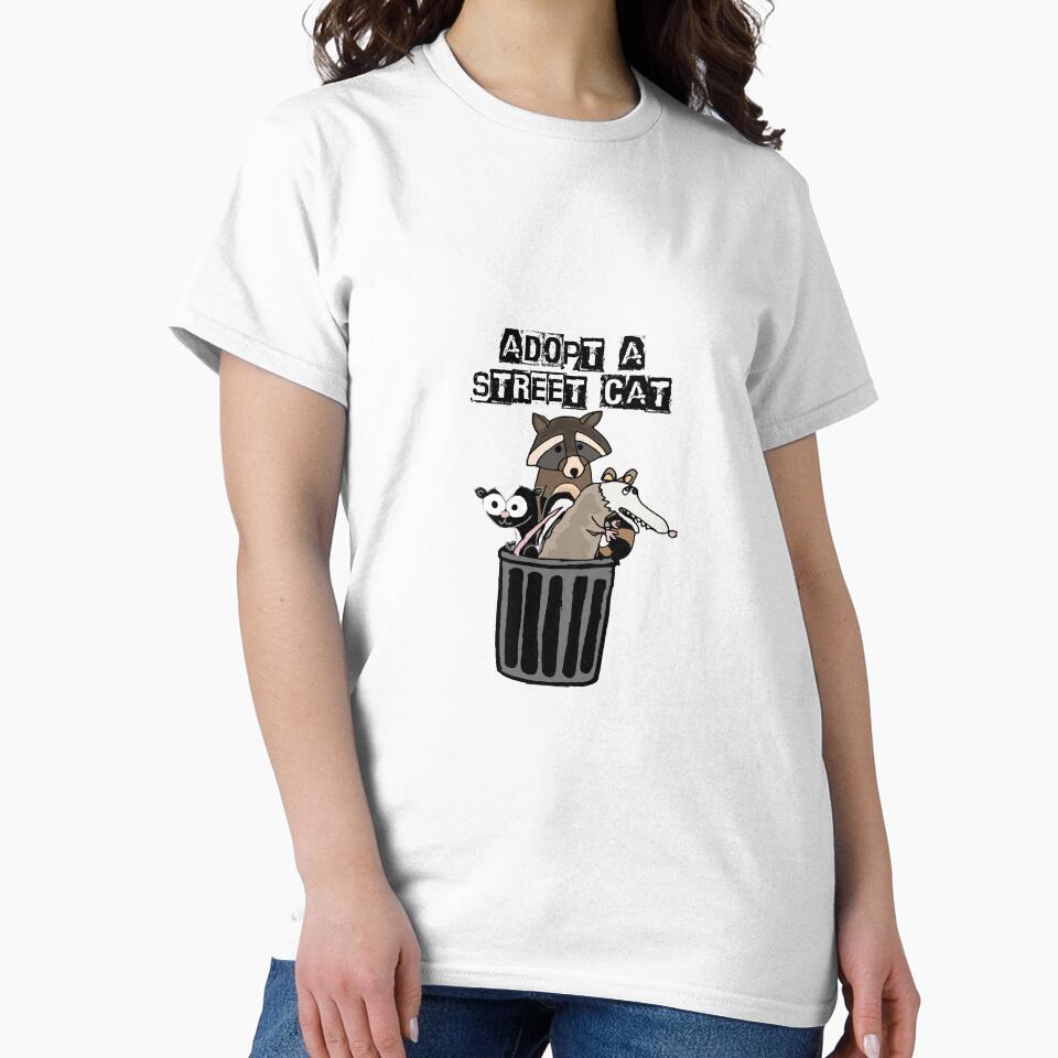 Funny Adopt a Street Cat Possum, Raccoon, and Skunk in Trash T-Shirt by SHANEQUAOCACIO