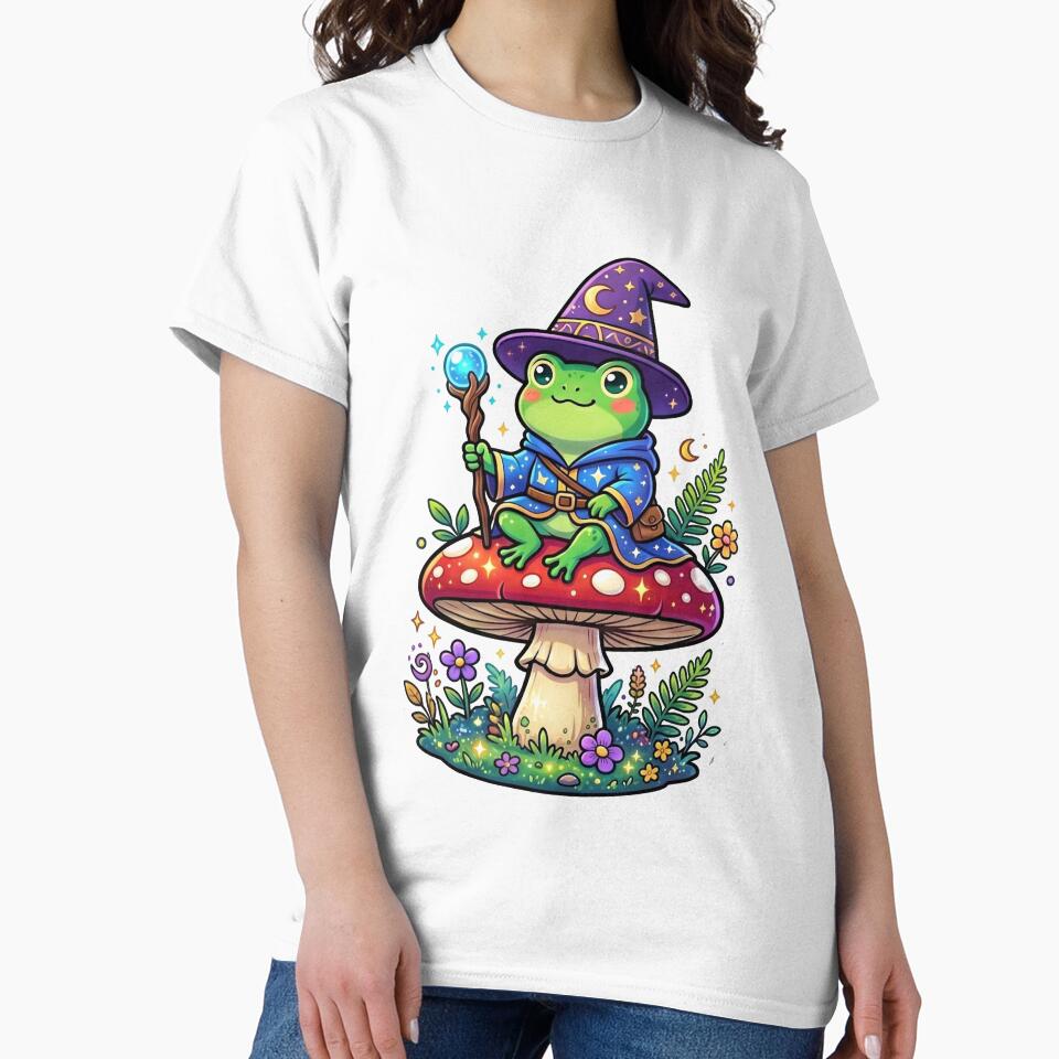 Frog Wizard cute Sitting on Mushroom – Kawaii Fantasy Magic Frog Sticker, Magical Frog Illustration by ArtsyExplorer