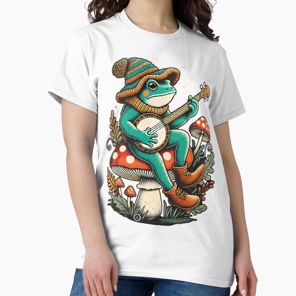 Whimsical Banjo-Playing Frog on Toadstool Cottagecore Woodland Design by Victor Shadehorn