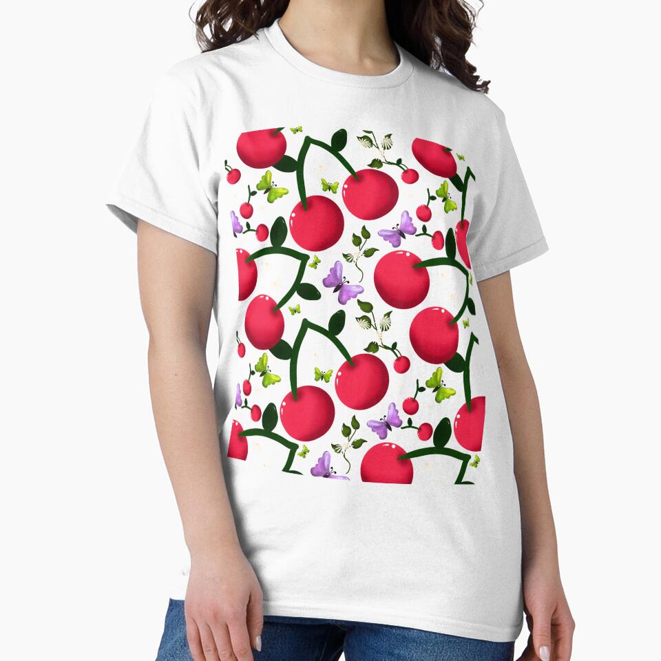 Cute Cherry Butterfly Pattern, Glossy Kawaii Fruit Floral Seamless Design, Pink Aesthetic Summer Cute Pattern by HopeAndHustle