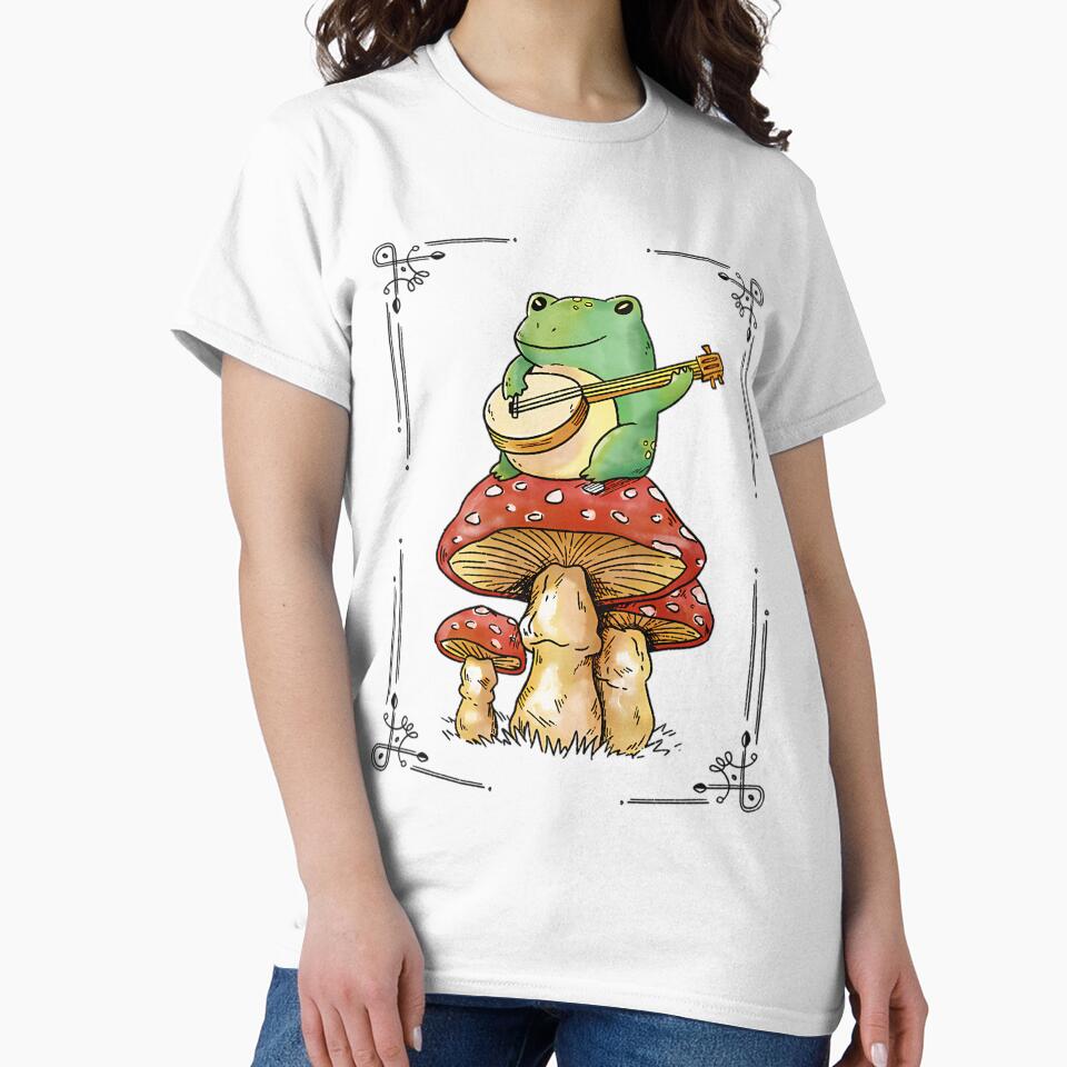 Cottagecore Frog Playing Banjo On Mushroom by razlinesenowp