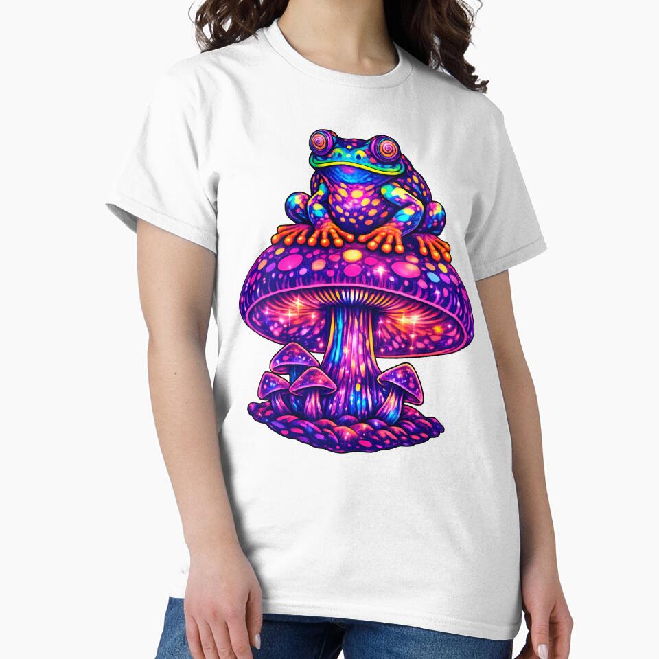 Psychedelic Frog on Magic Mushroom – Trippy Neon Cosmic Frog Illustration by RustedToad