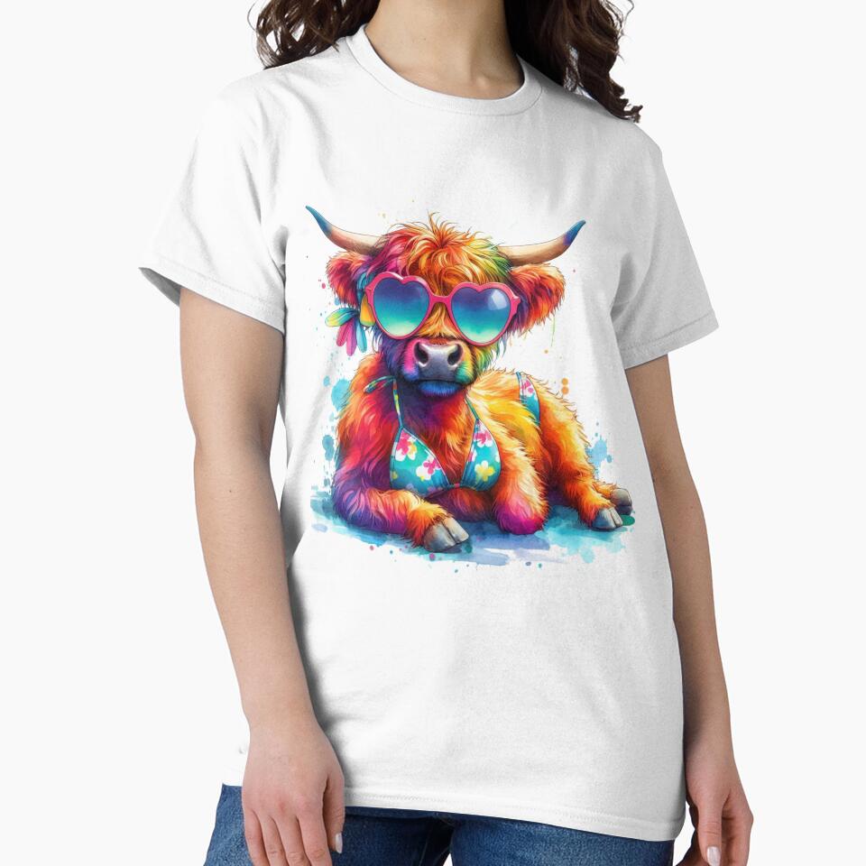 Scottish Highland Cow on Vacation Sunbathing in Shades and Bikini Colorful Watercolor by MaedK