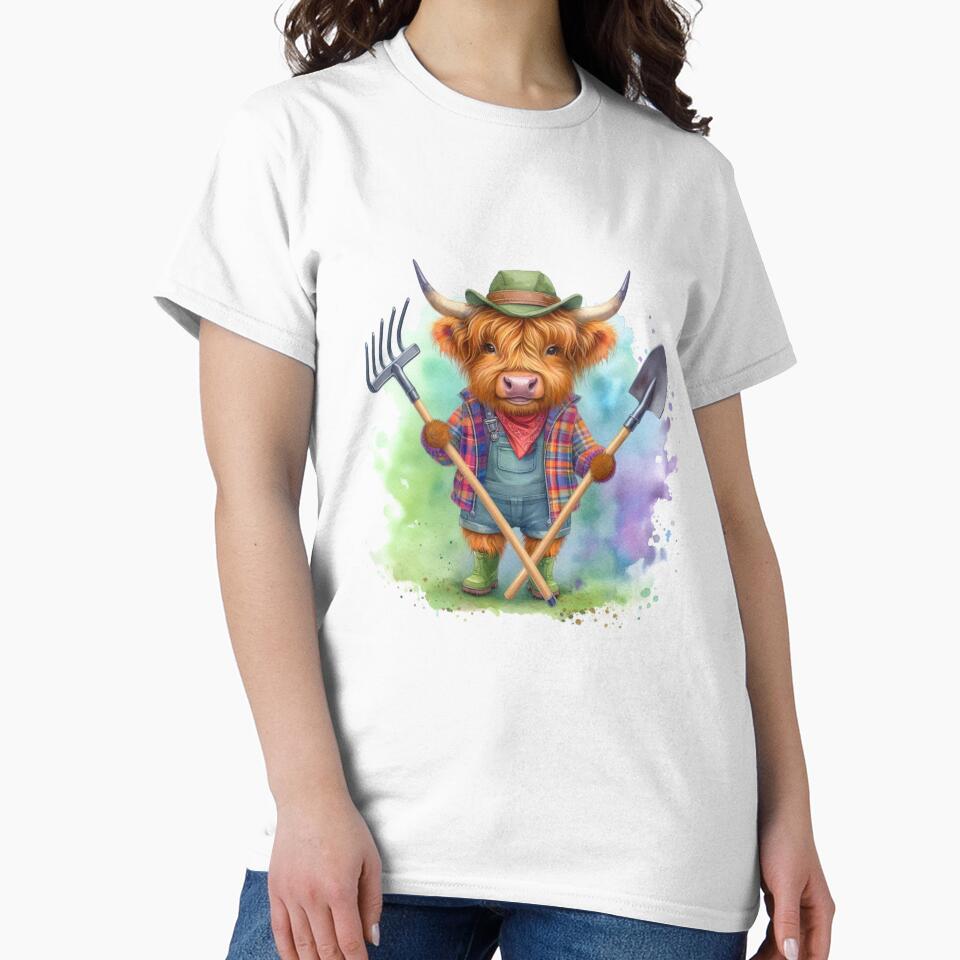 Scottish Highland Cow Gardening Colorful Watercolor by MaedK
