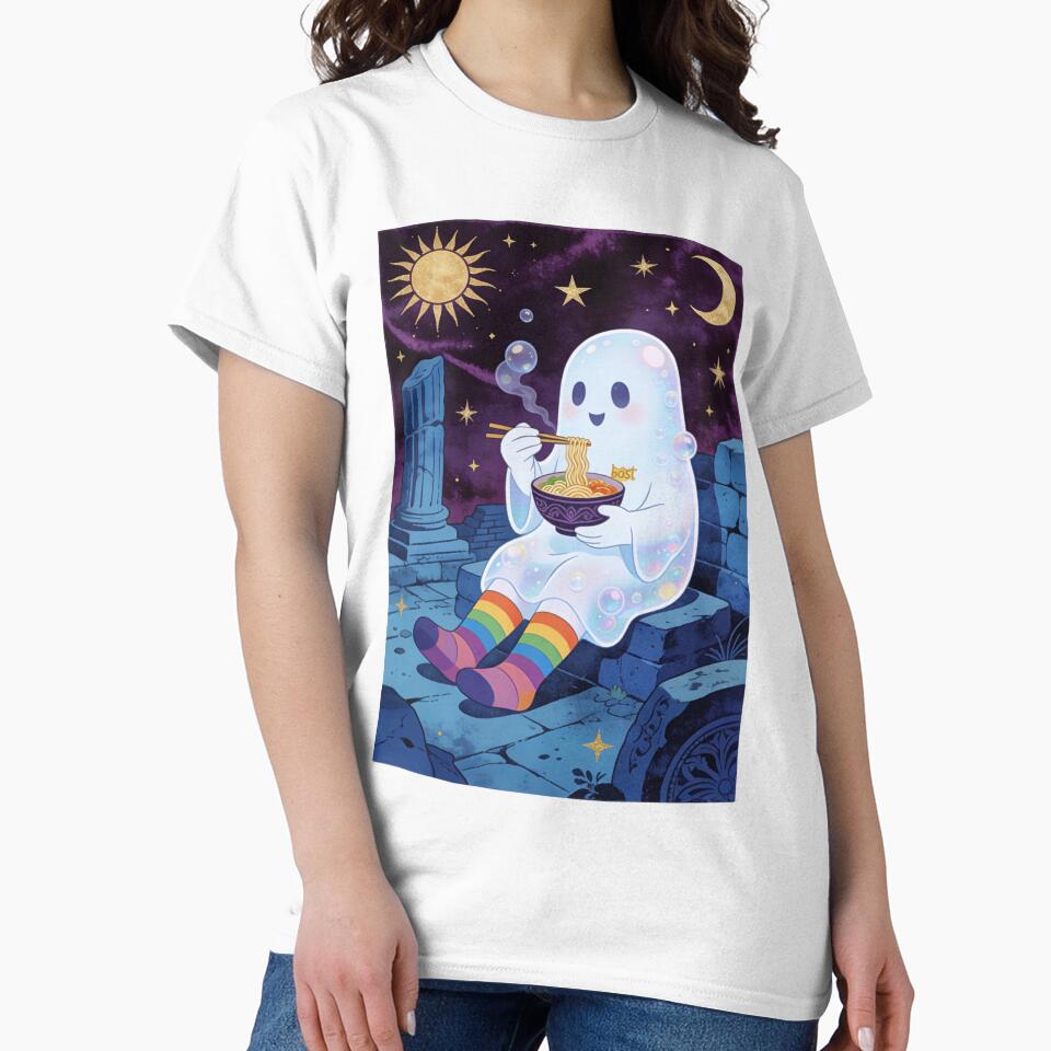 Kawaii Ghost Eating Ramen Noodles in Ancient Ruins - Cosmic Dreamy Pastel Goth Aesthetic by Cherrydora
