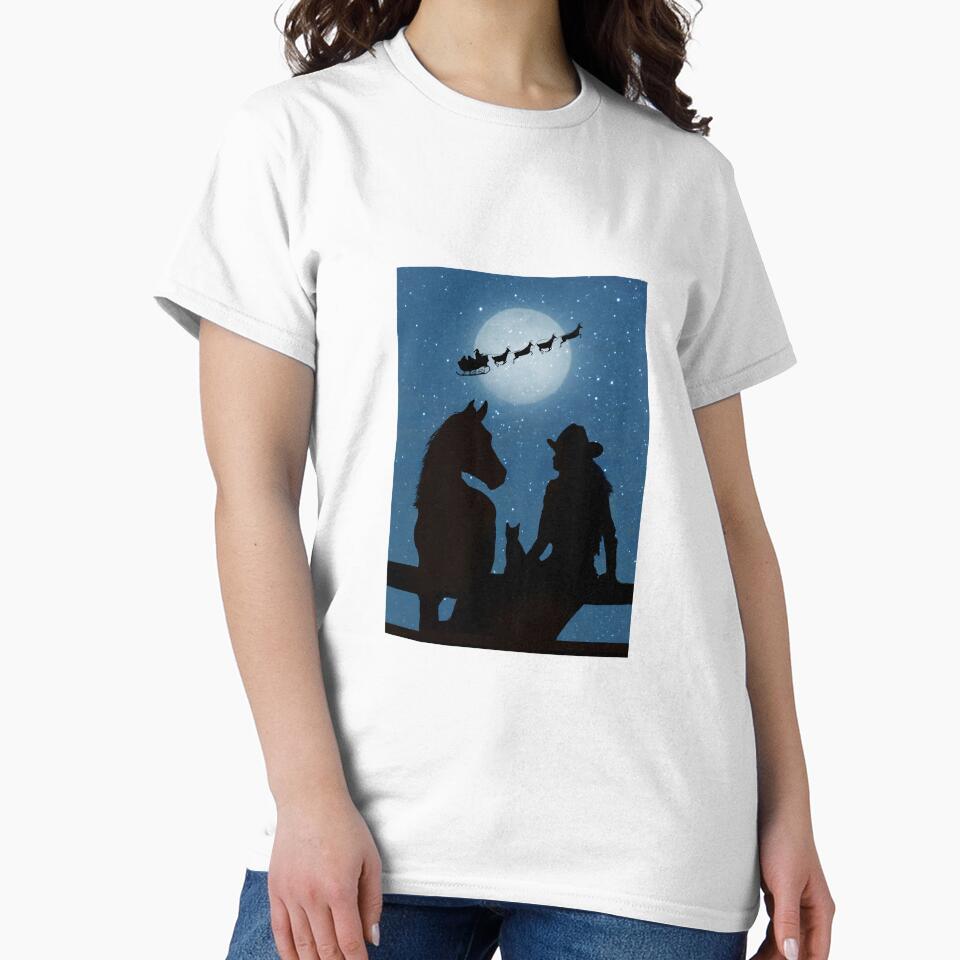 Country Western Cowgirl and Horse and Cat with Santa Reindeer and Sleigh Holiday Christmas Scene by Stephanie Laird
