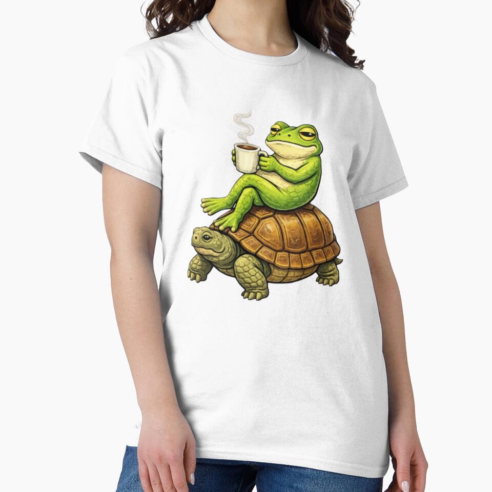 Relaxing frog on a turtle with coffee by FroggyOnly