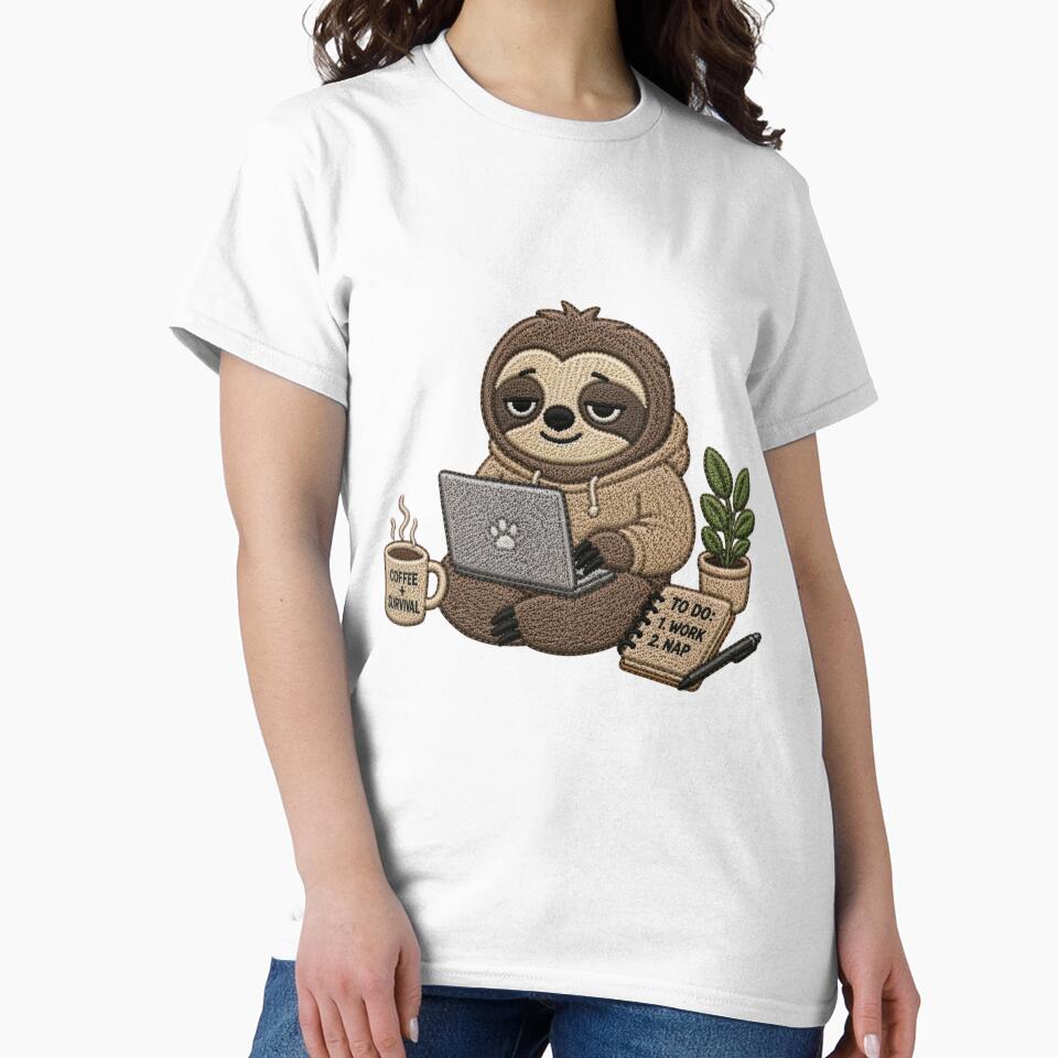 Cute Work From Home Sloth Embroidery Design – Tired Laptop Mood, Cozy Relatable Aesthetic by ColorSplash123
