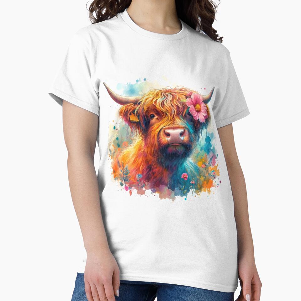 Pretty Scottish Highland Cow with Flower Colorful Watercolor by MaedK
