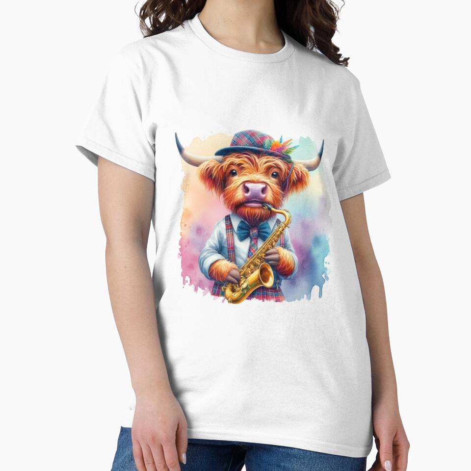 Scottish Highland Cow playing Jazz on the Saxophone Colorful Watercolor by MaedK