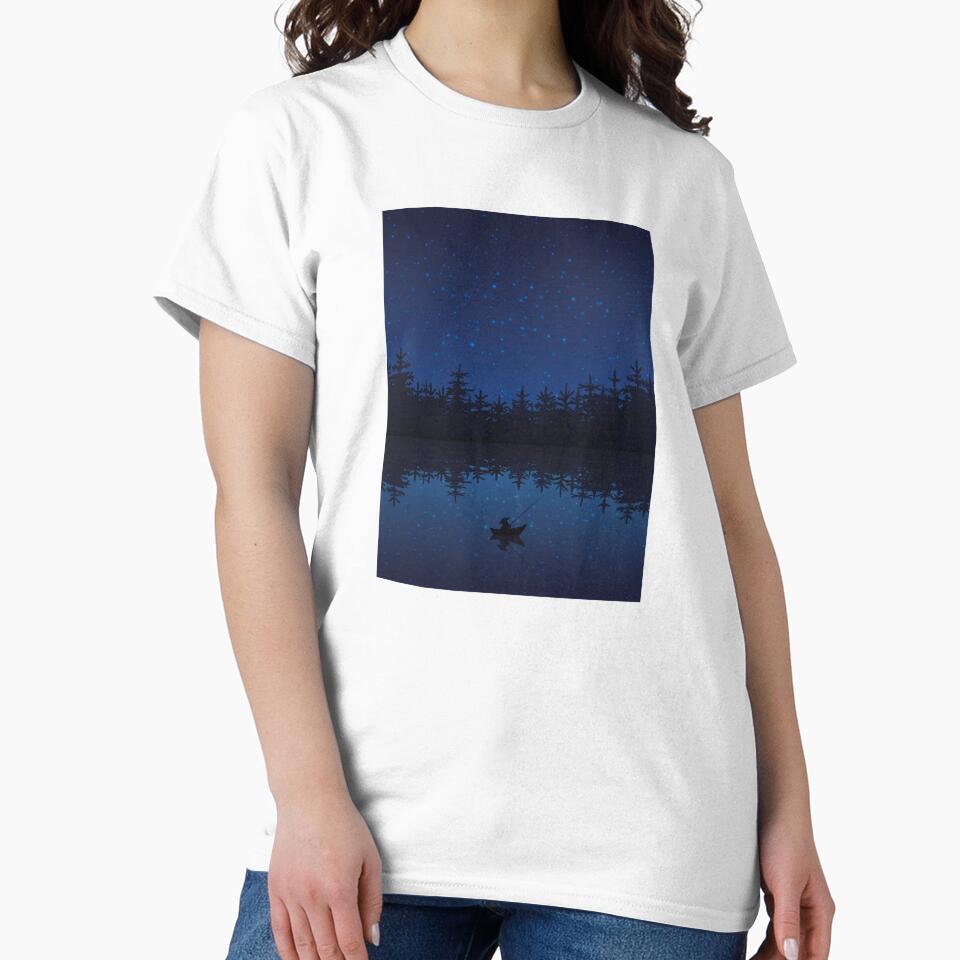 Fishing At Night Near A Forest With Boat And Rod Flat by OnlyPrint20