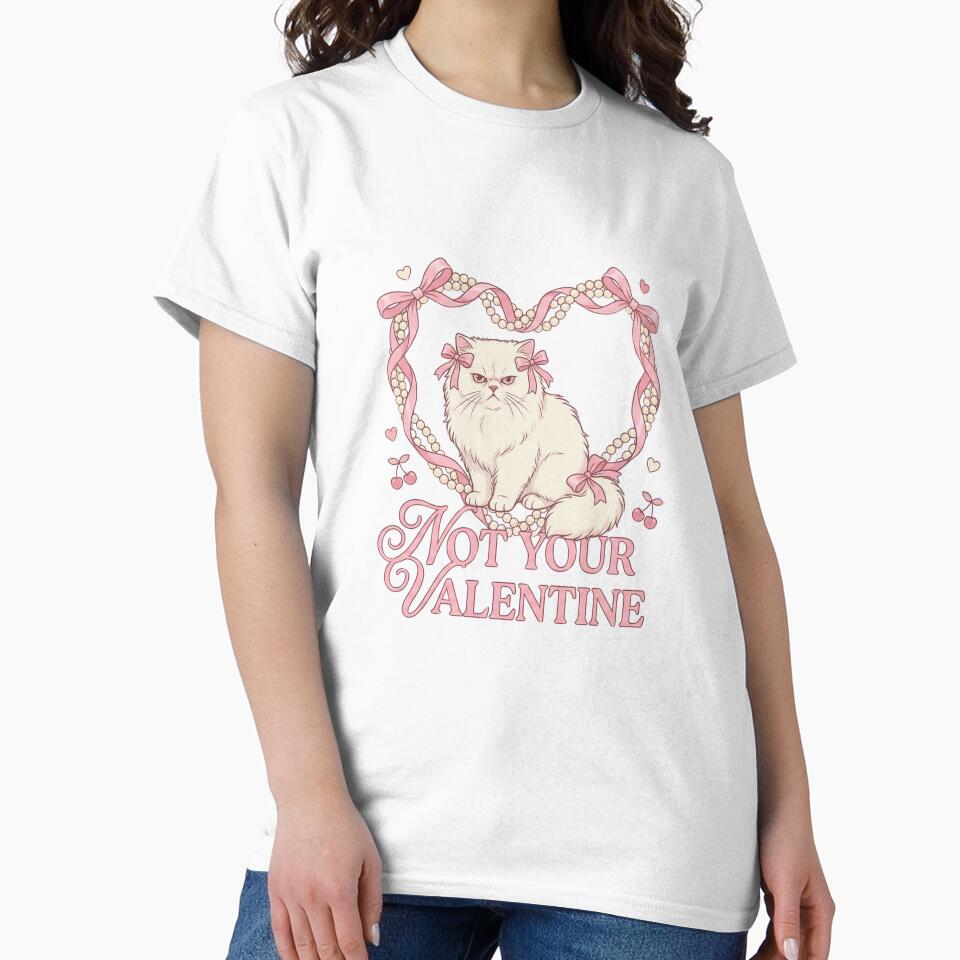 Not Your Valentine Grumpy Cat | Coquette Aesthetic Pearl Bow Heart | Funny Anti-Valentine by ExpertSayeed