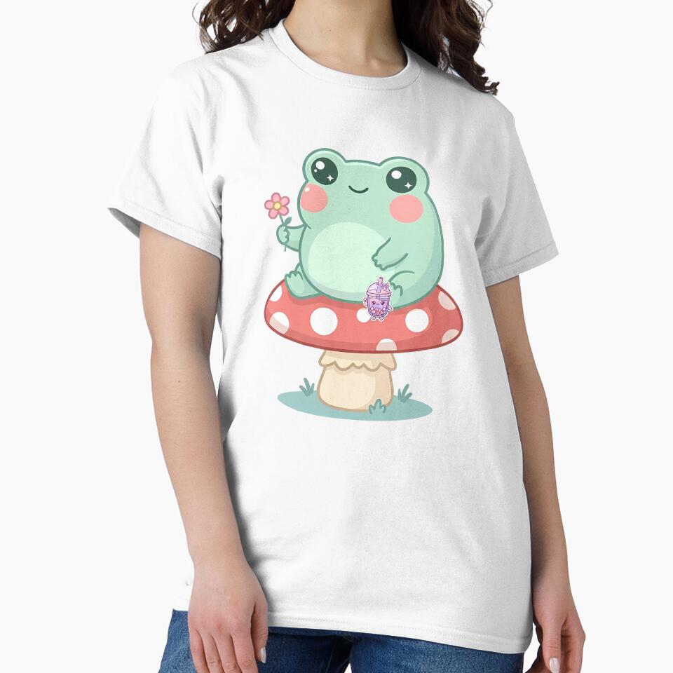 Cute Kawaii Frog Sitting on Mushroom with Flower Pastel Art by LYZ7VANI