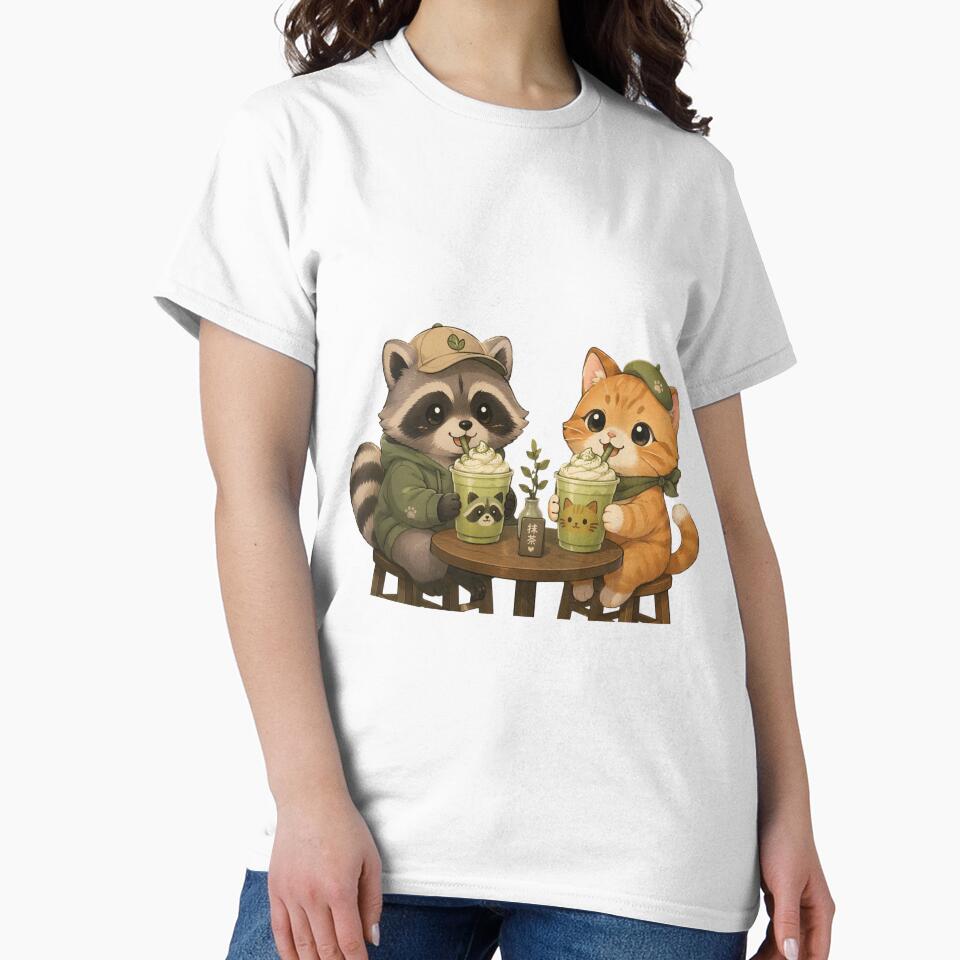 Matcha Cat & Raccoon Café T-Shirt | Matcha Kawaii by Ashley critters
