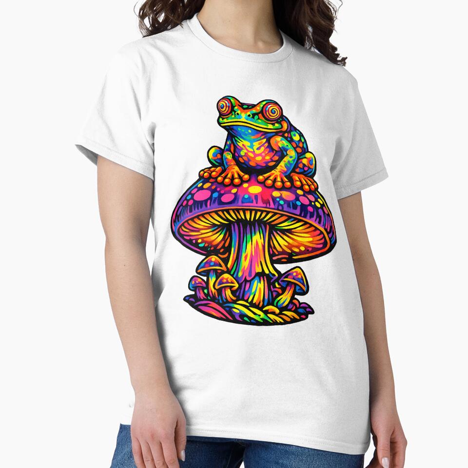 Rainbow Psychedelic Frog on Magic Mushroom – Trippy Neon Frog Illustration by RustedToad