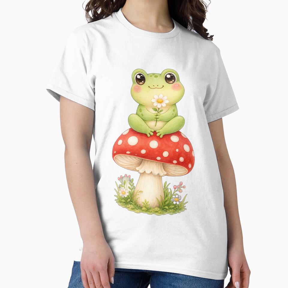 Cute frog on a fly agaric mushroom with flower by puredevn