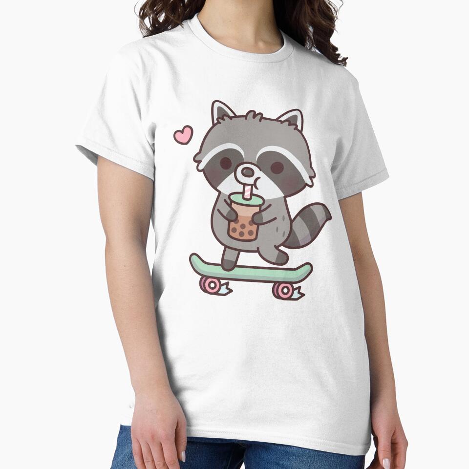 Cute Skateboarding Raccoon Drinking Boba Tea by rustydoodle