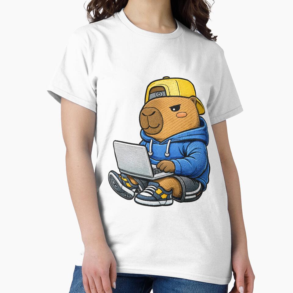 Cute Remote Work Capybara Using Laptop – Kawaii Digital Nomad Capybara Embroidered Patch Style by ColorSplash123