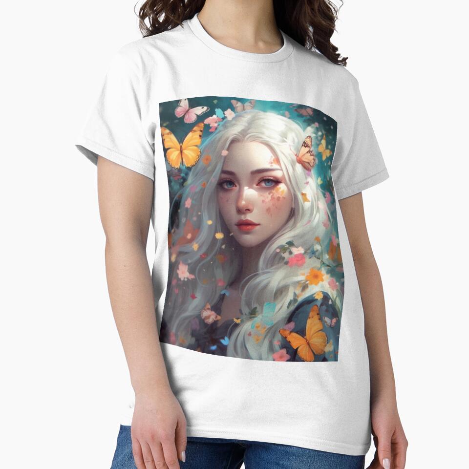 Dreamy Girl Portrait with Long White Hair and Colourful Butterflies #2 by harajukuai