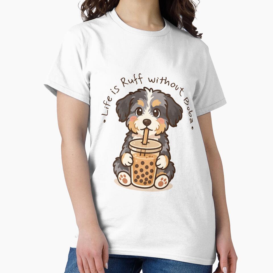 Cute Aussie Doodle Puppy Drinking Boba Tea - Life is Ruff Pun by Balasan