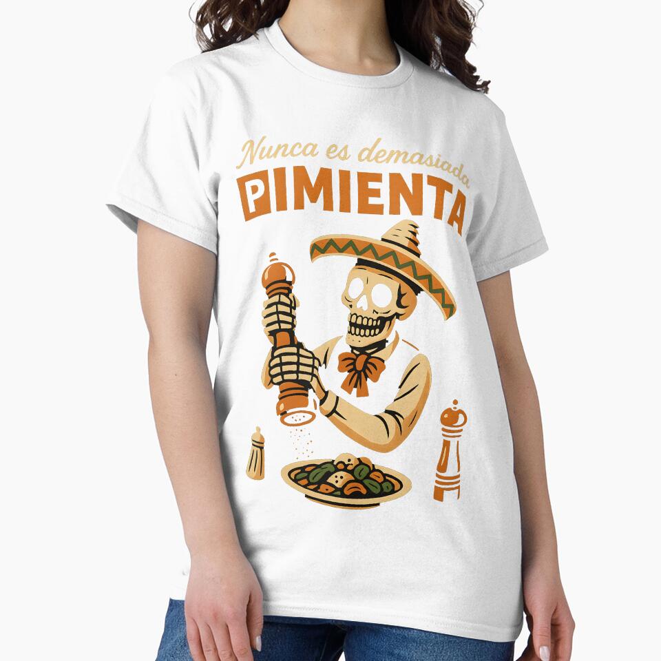 Funny Mexican Skeleton Pepper Spice Sombrero Cooking Graphic Tee by DrawHandArt