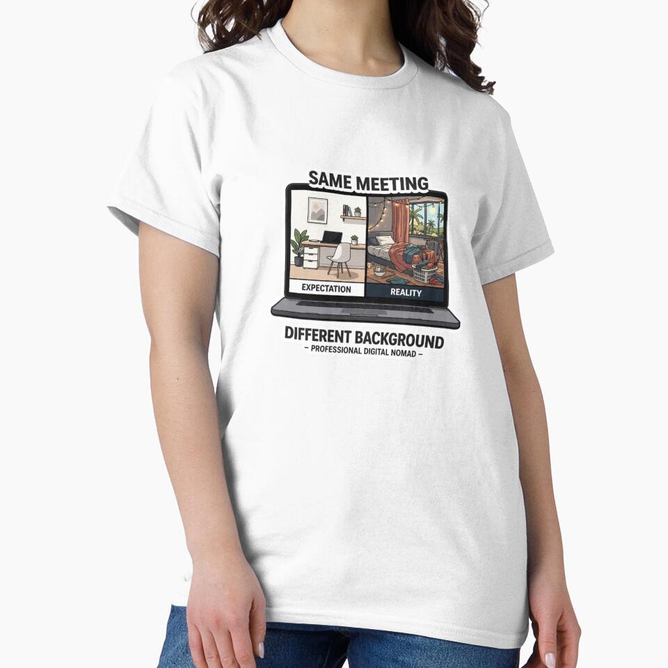 Funny Remote Work Design – Same Meeting Different Background, Work From Home Humor, Digital Nomad Joke, Expectation vs Reality Sticker PNG by ZYNORAworld