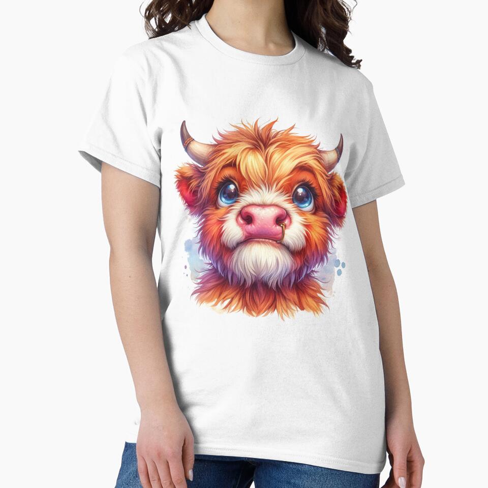 Cute Scottish Baby Highland Cow Calf Colorful Watercolor by MaedK