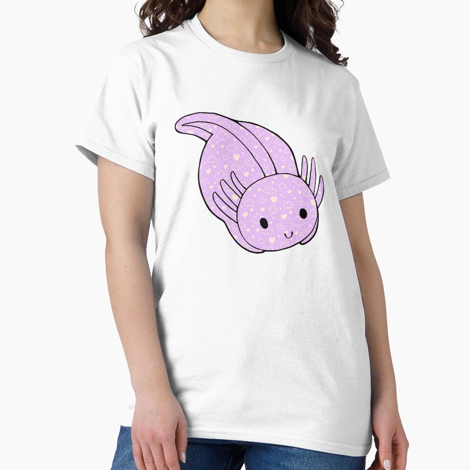 Cute Kawaii Baby Chibi Axolotl in Pastel Lavender Purple with Hearts and Cloud Pattern by InkMemories
