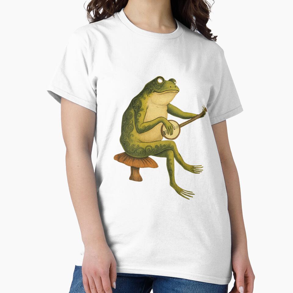 Banjo Frog Playing on a Mushroom – Whimsical Forest Amphibian Art by haitrieuic96