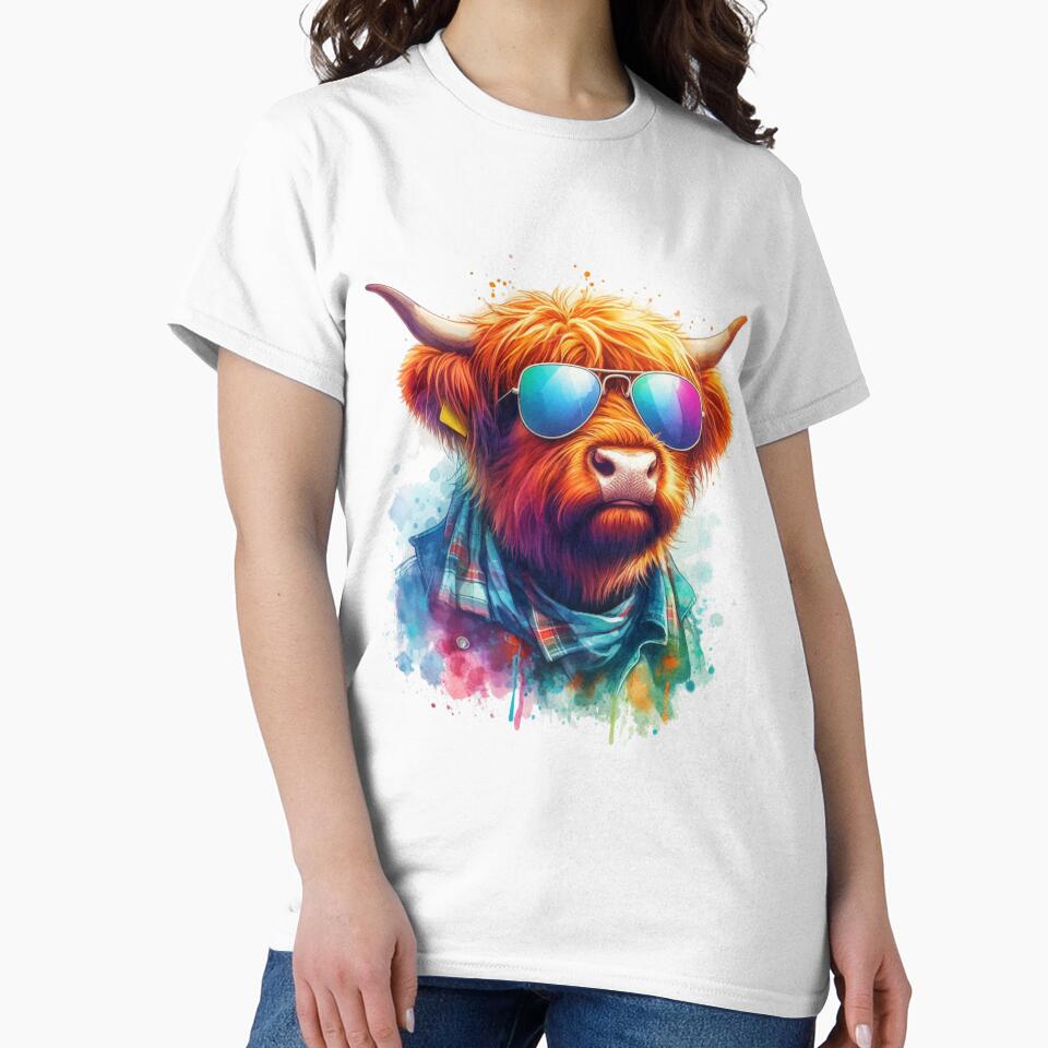 Cool Scottish Highland Cow in Shirt and Shades Colorful Watercolor by MaedK