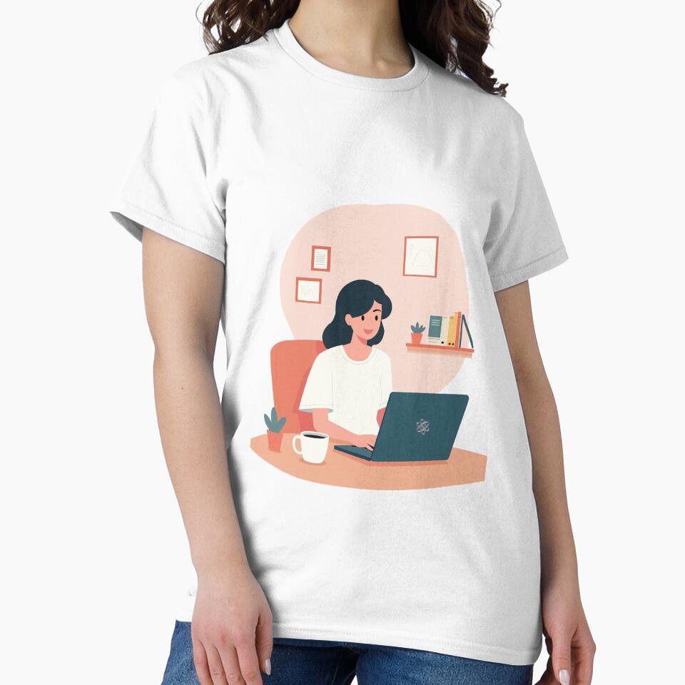 Woman Working on Laptop – Cozy Home Office Art by Illustrator Bhaiya