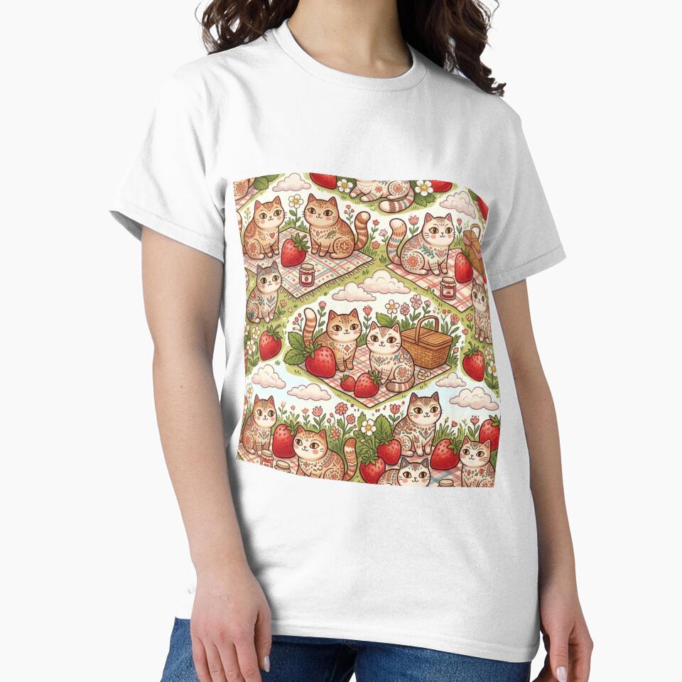 Strawberry Picnic Cat Pattern | Cute Cottagecore Design by Iampoji