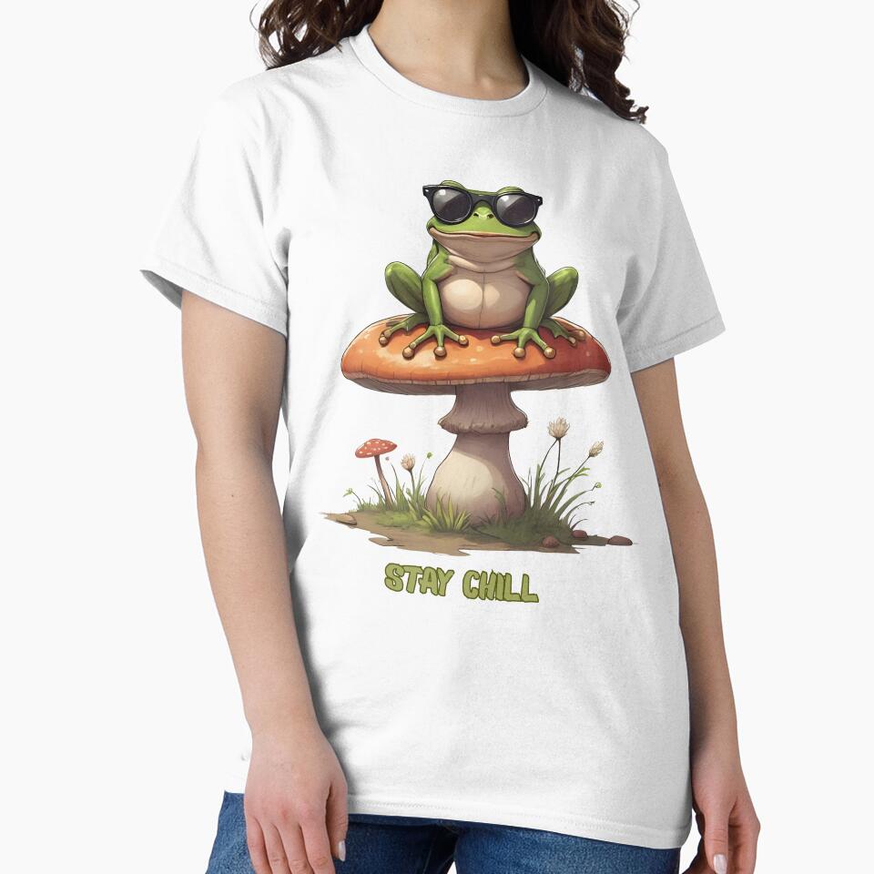Chill Frog Sitting on a Mushroom – Cute Retro Forest Vibes by Pixel--Threads