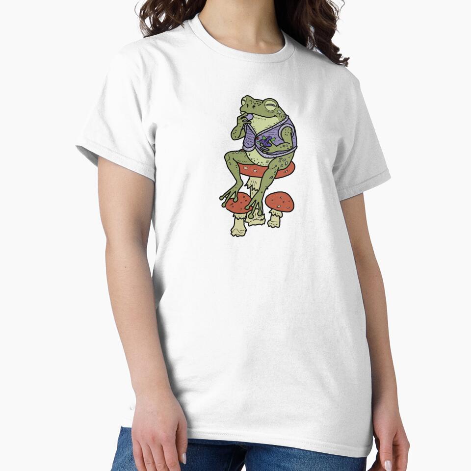 Frog on mushrooms enjoying blueberries cottagecore illustration by LeshanArt
