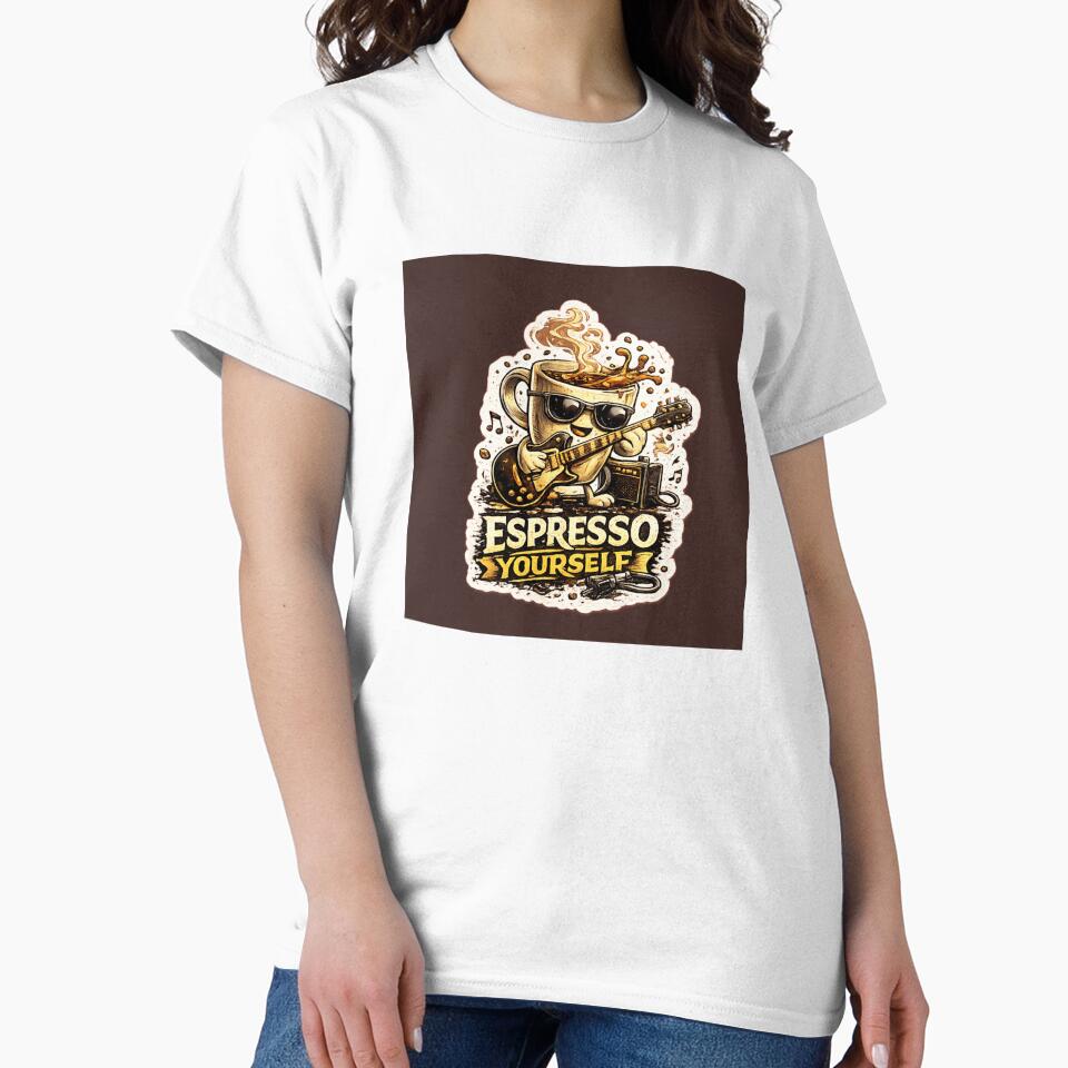Espresso Yourself Funny Coffee Guitar T-Shirt | Coffee Lover Design by Kinjaljoshi9999