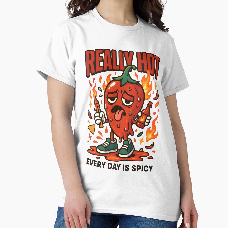 Really Hot – Chibi Chili Pepper with Flames & Hot Sauce Bottle by Snackwear Apparel