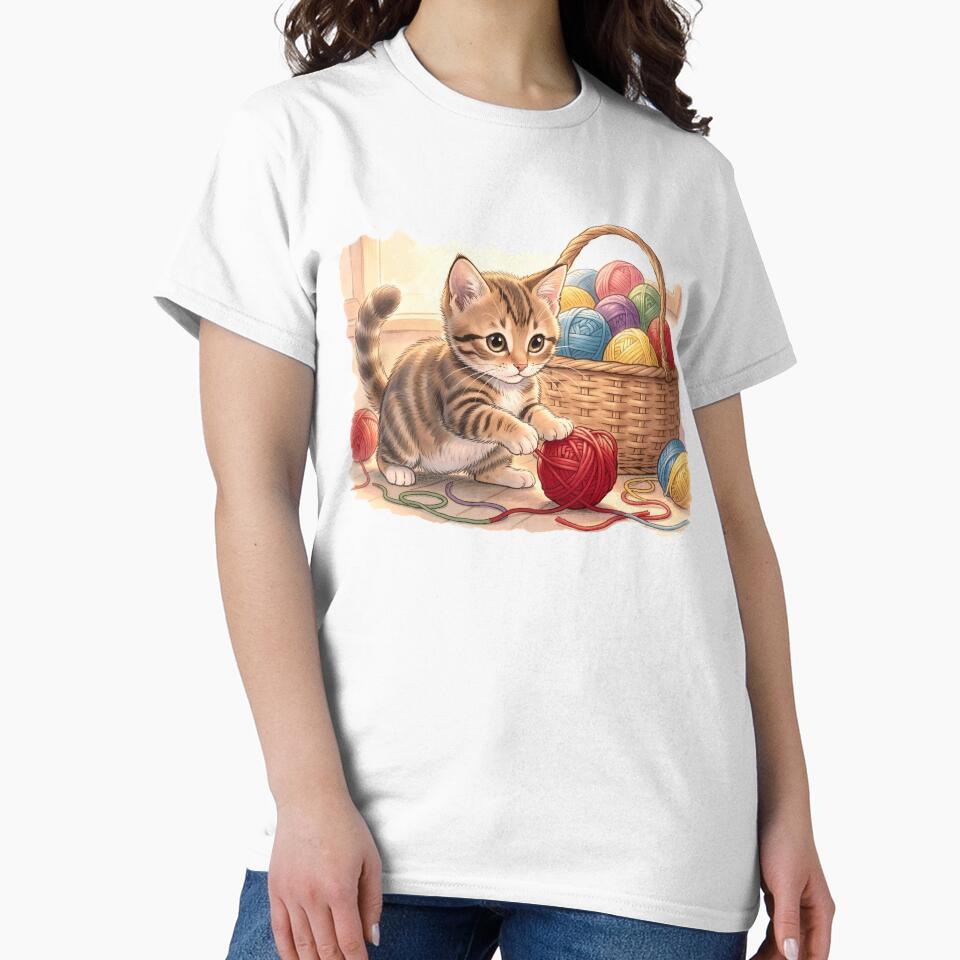 Curious Tabby Kitten with Basket of Colorful Yarn by Serene Strokes Art