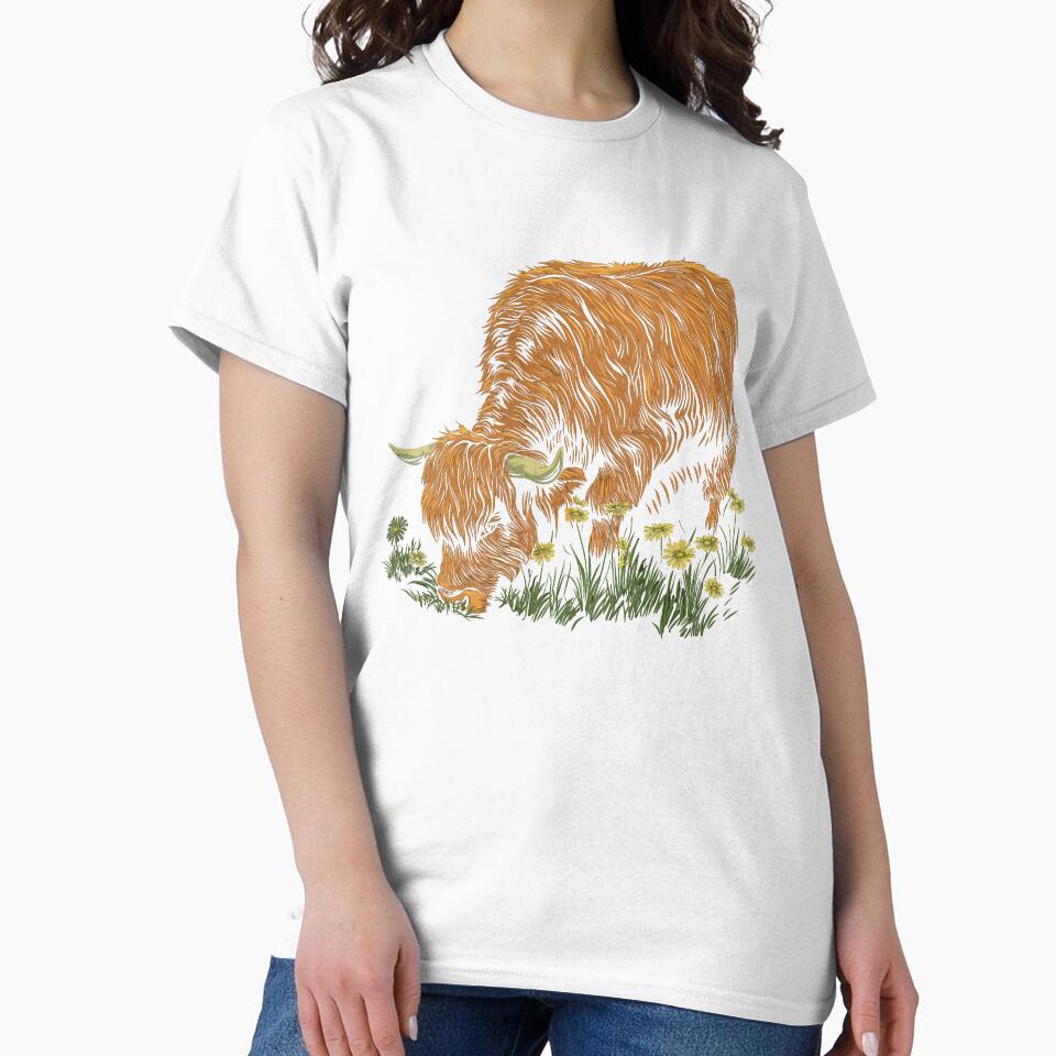 Scottish or irish fluffy  highland cattle cow animal grazing grass illustration by NBSStore