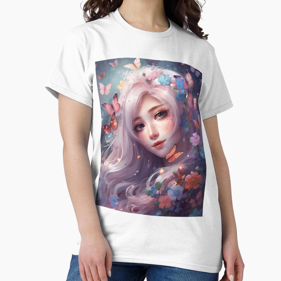 Dreamy Girl Portrait with Long White Hair and Colourful Butterflies #4 by harajukuai