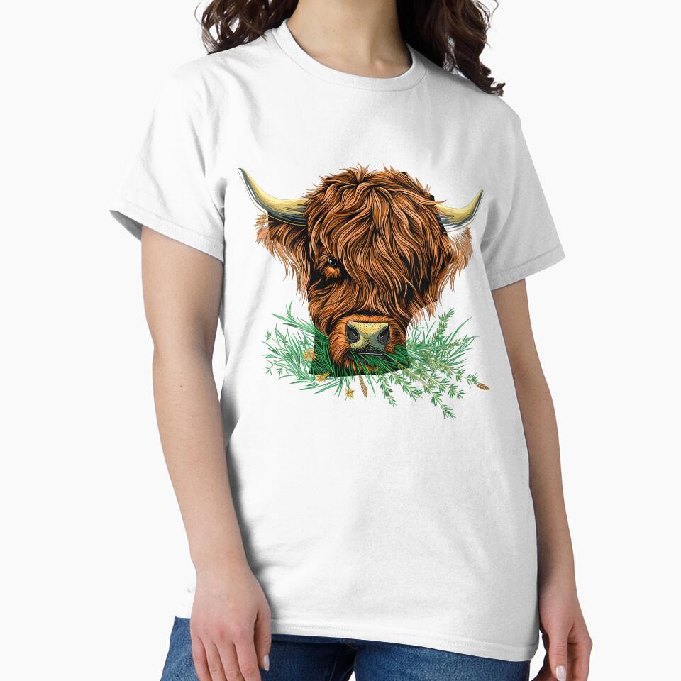 Scottish or irish fluffy  highland cattle cow animal grazing grass head illustration by NBSStore