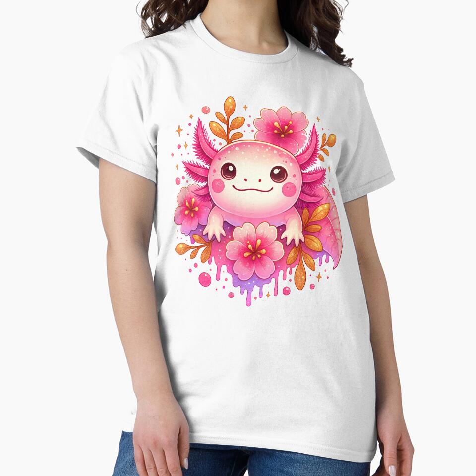 Cute Pink Axolotl Surrounded by Flowers and Sparkles by ArtfulWeave