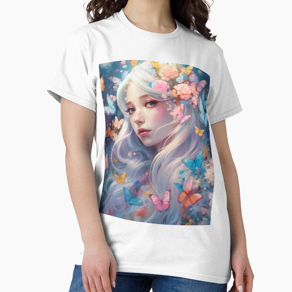 Dreamy Girl Portrait with Long White Hair and Colourful Butterflies #1 by harajukuai